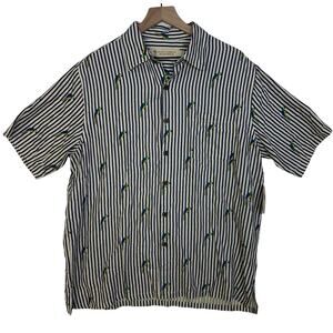Boca Classics Beige Blue Striped Parrot Print 100% Washable Silk Shirt Sz L